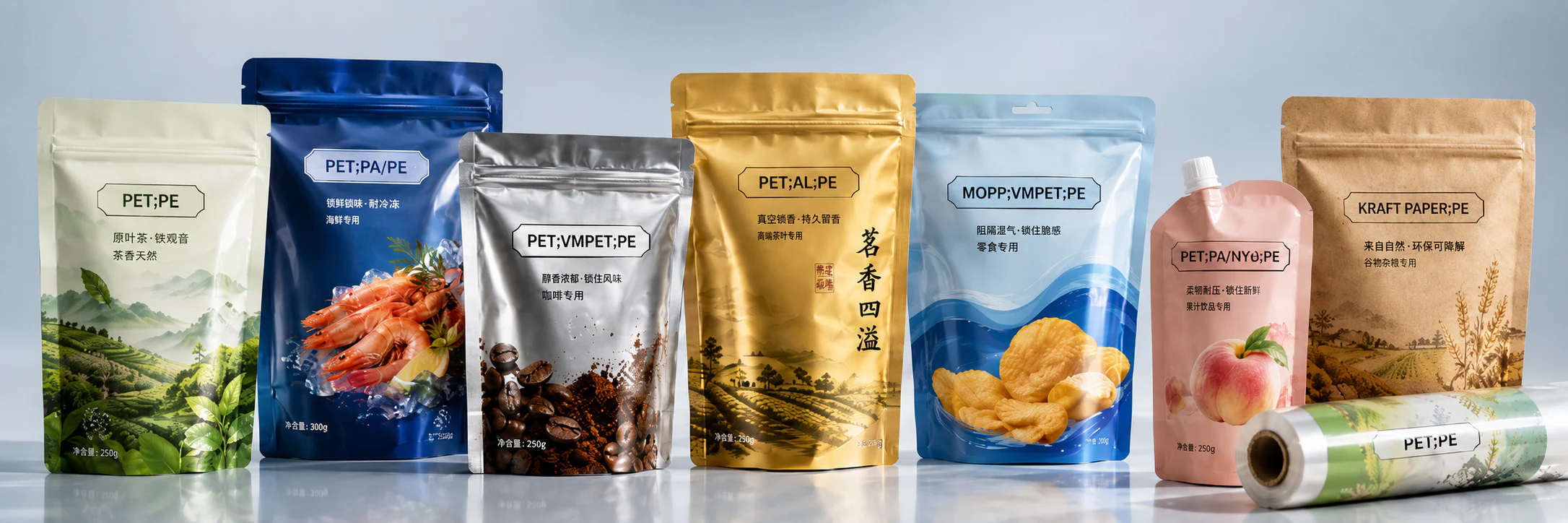 多种软包装袋与卷膜材料结构应用示意