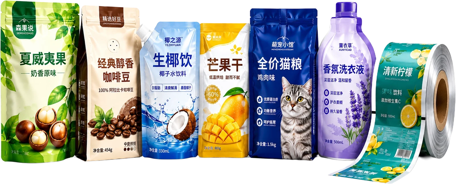 自立袋、八边封袋、吸嘴袋、三边封袋、日化补充装和包装卷膜组合