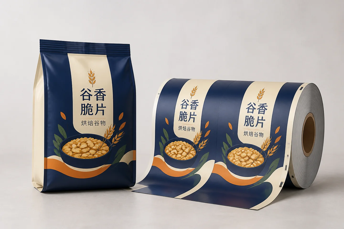 同一虚构食品品牌的成品背封袋与印刷包装卷膜商业示意