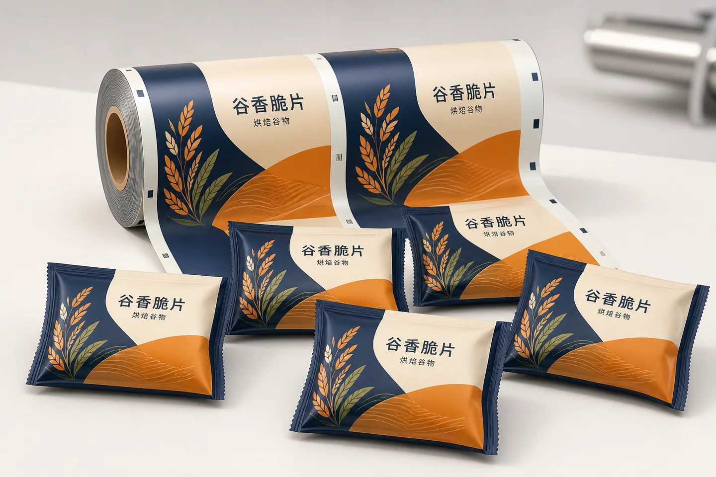 同一虚构食品品牌的印刷卷膜与小规格背封成品袋商业示意