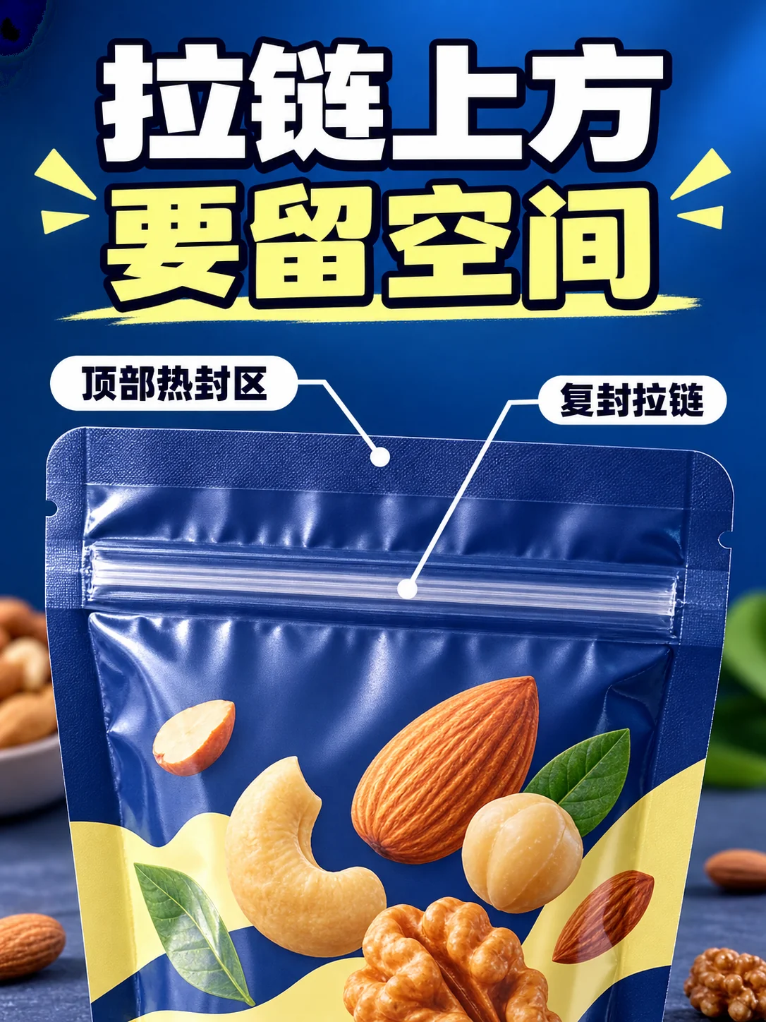 拉链包装袋顶部热封区与复封拉链位置示意
