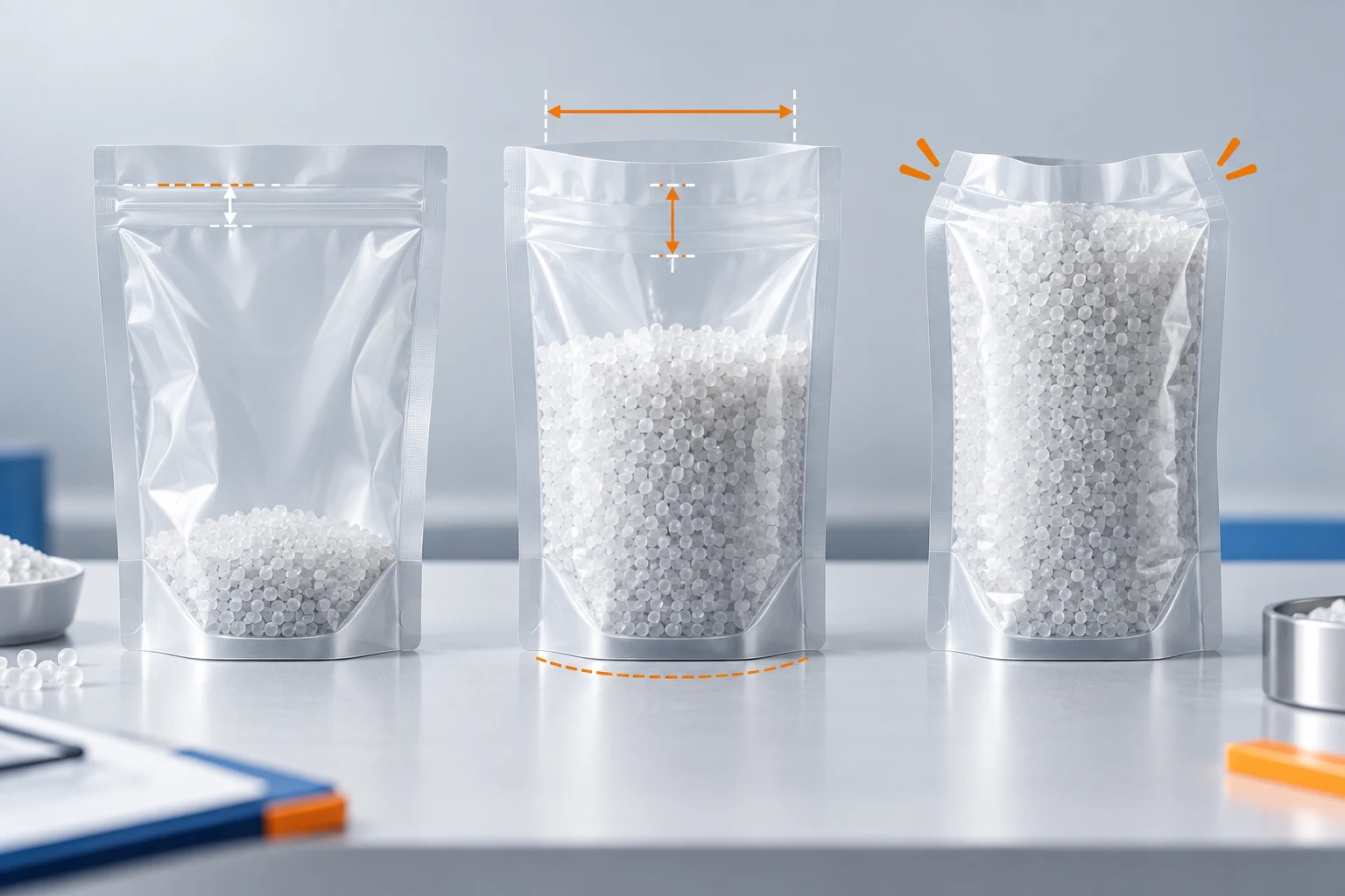 包装袋试装时装量不足、合适和过满的对比示意